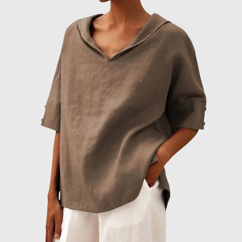 Kaia | Brown Linen Blouse - Brown