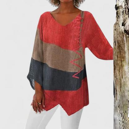 Calista | Red Colorblock Sophisticated V-Neck Tunic