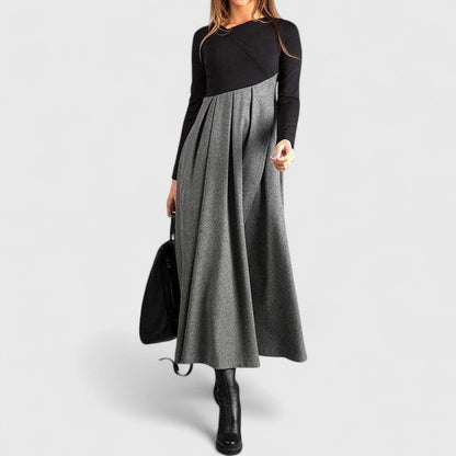 Alethea | Elegant Long Sleeve Maxi Dress in Grey Wool