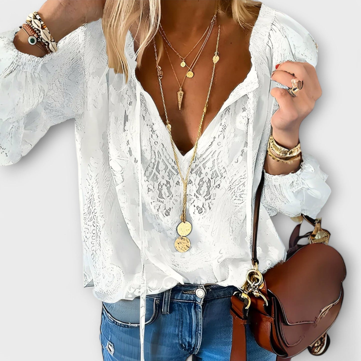 Alethea | Women's Boho White V Neck Long Sleeve Casual Lace Top