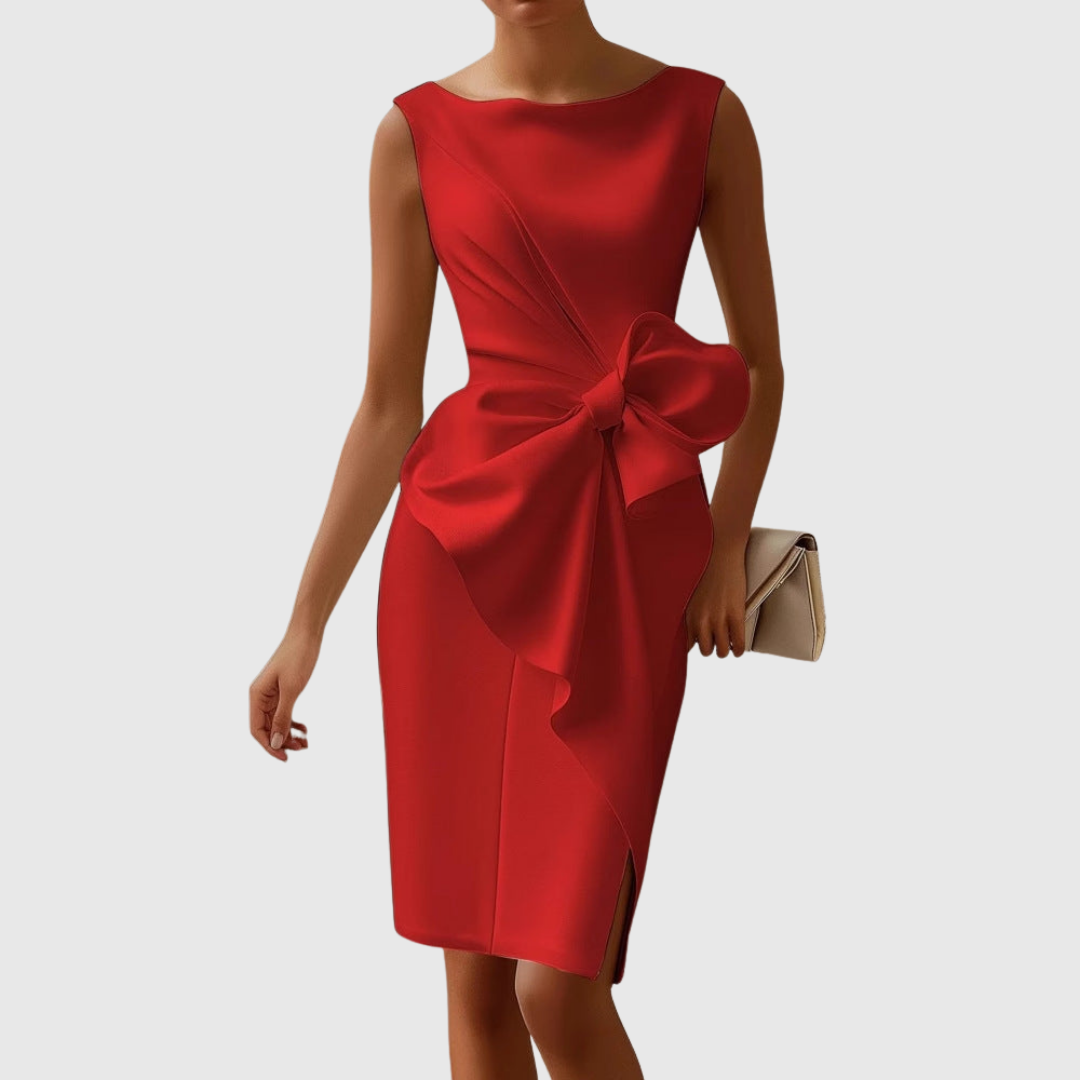 Calista | Elegant Black Sleeveless Midi Dress with Bow Detail