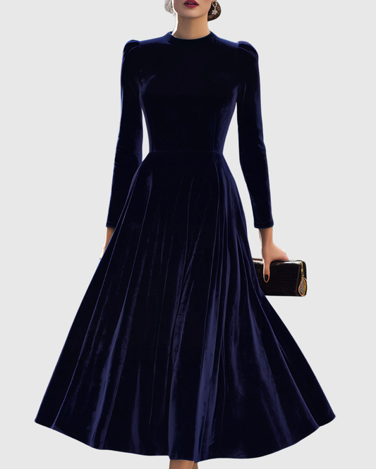 Calantha | Velvet Navy Long-Sleeve Midi Dress