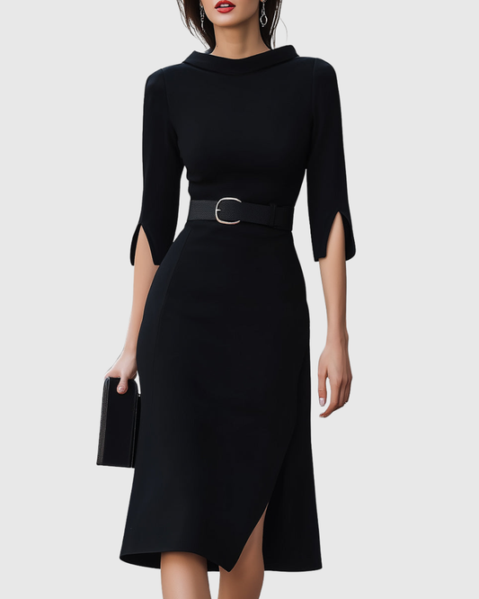 Calantha | Elegant Classic Black Midi Dress with Asymmetrical Hem