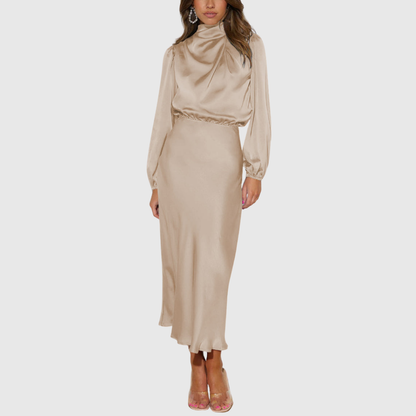 Calantha | Elegant Black Luxury Satin Maxi Dress