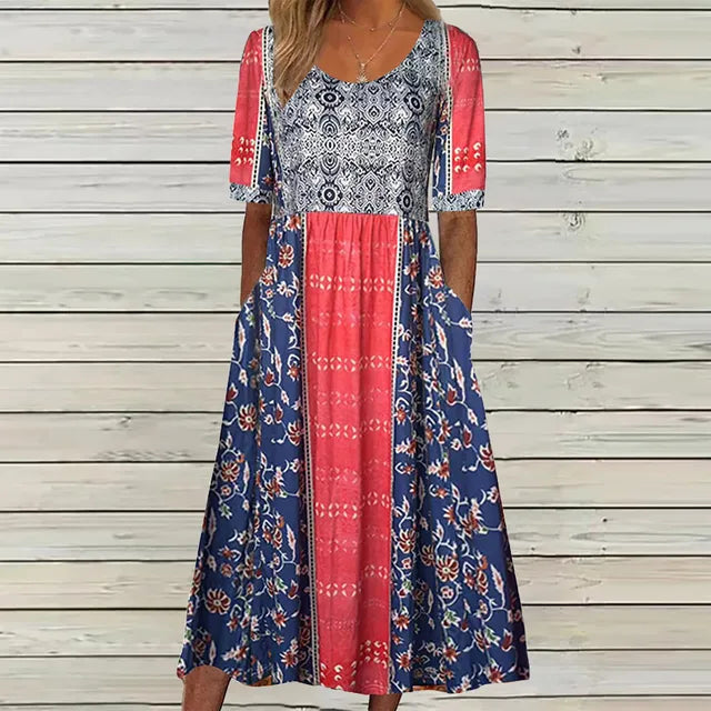 Calista | Boho Chic Printed Midi Dress with Short Sleeves in Floral Pattern