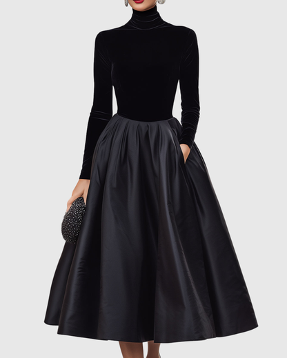 Calantha | Sophisticated Elegant Black Velvet And Satin Midi Dress