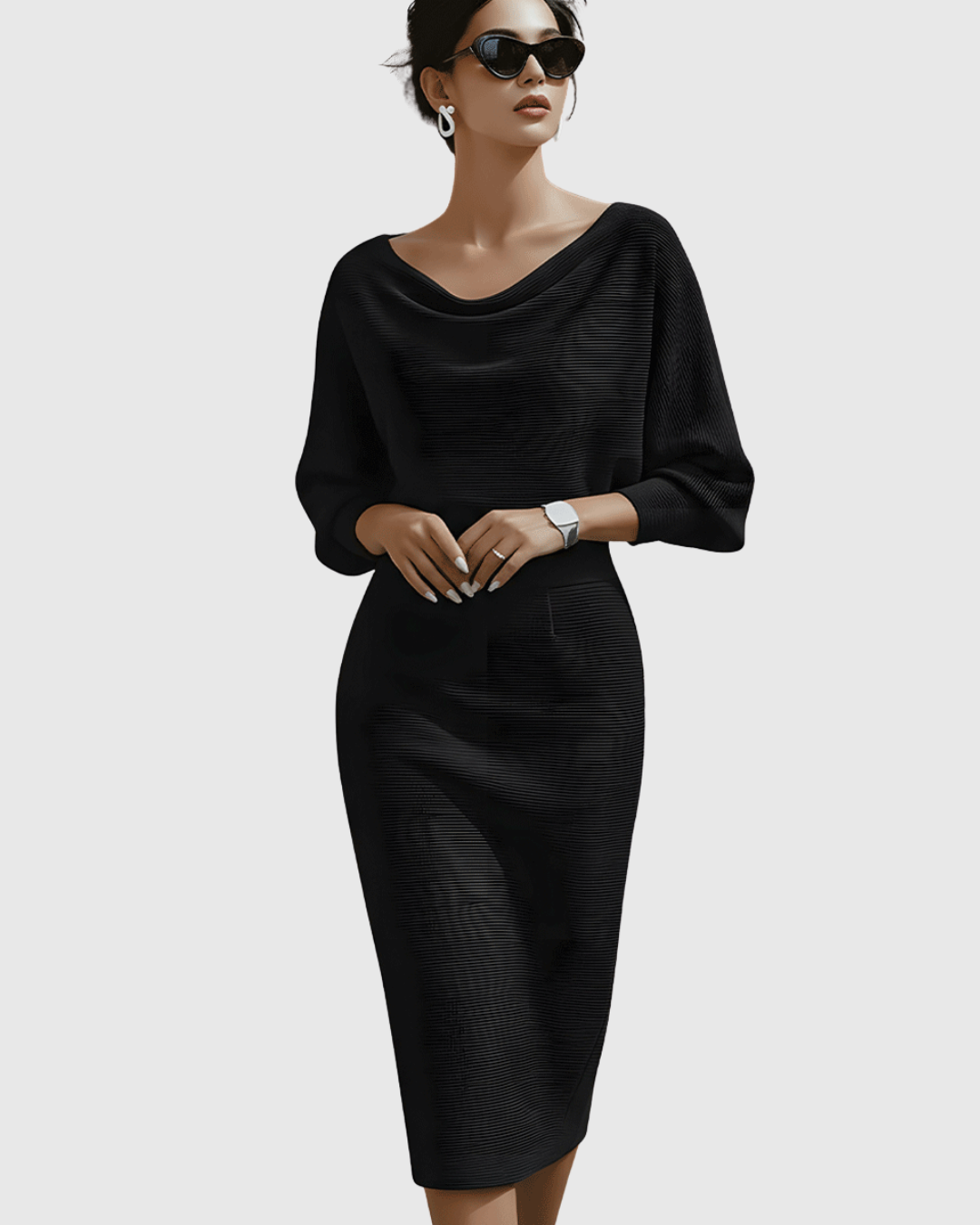 Calantha | Navy Blue Draped Batwing Midi Dress