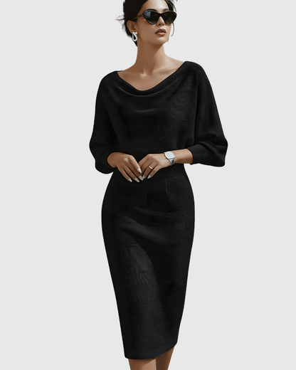 Calantha | Navy Blue Draped Batwing Midi Dress