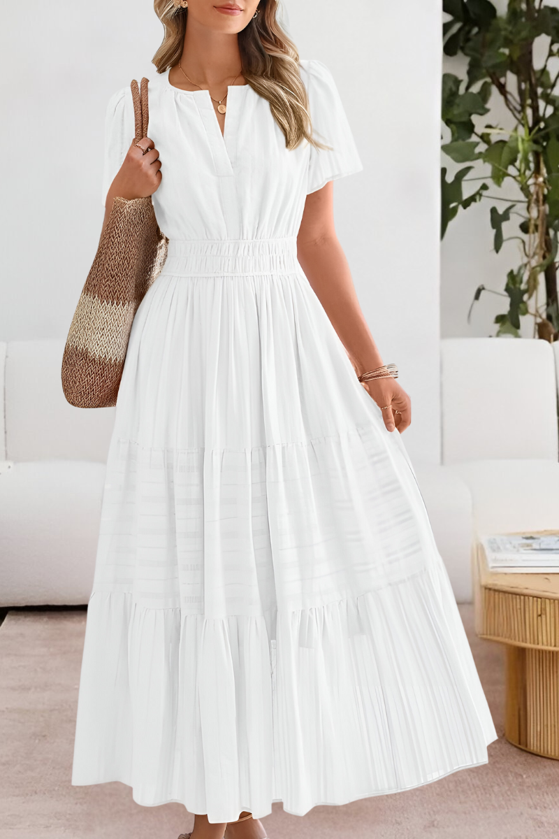 Women's Boho Short Sleeve Smocked Midi Dress in Sunny Yellow