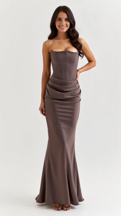 Astrid | Elegant Women's Wedding Guest Column Maxi Dress in Black Satin