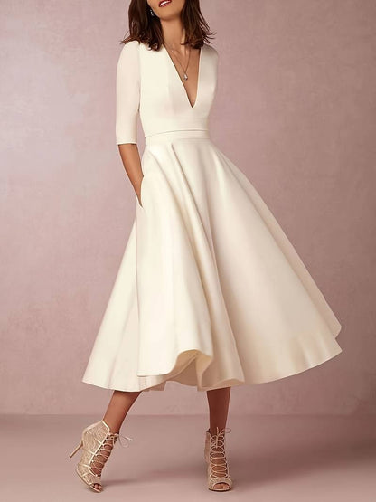 Women’s Wedding Guest Elegant Flared Midi Dress in Ivory Satin
