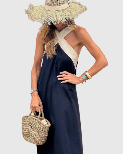 Calantha | Elegant White & Black Cross-Neck Dress