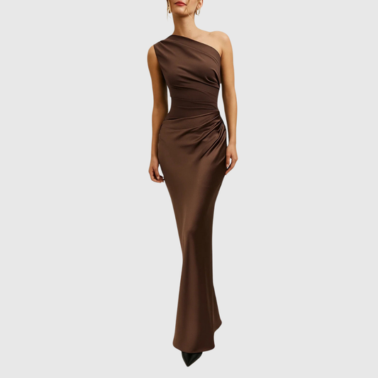 Calantha | Brown Satin Asymmetric Evening Gown