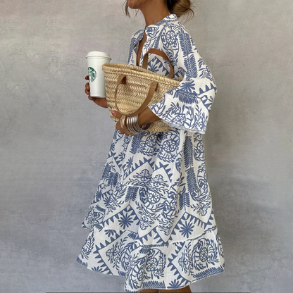 Astrid | Women's Boho Chic White & Blue Patterned Long Sleeve Mini Dress