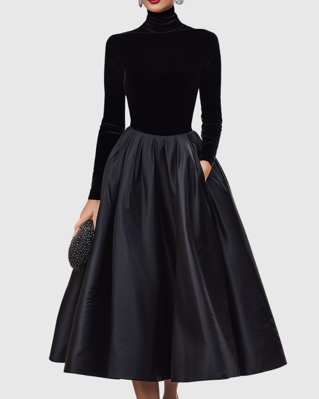 Calantha | Sophisticated Elegant Black Velvet And Satin Midi Dress
