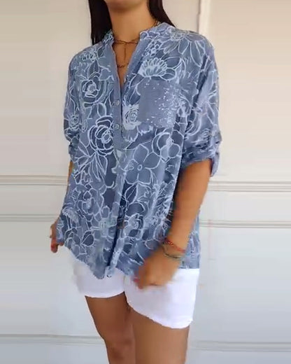 Calantha | Elegant Floral Blue Sophisticated Blouse