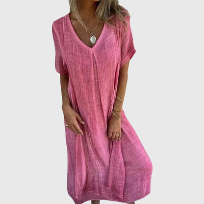 Astrid | Elegant Lightweight V-Neck Linen Dress in Beige