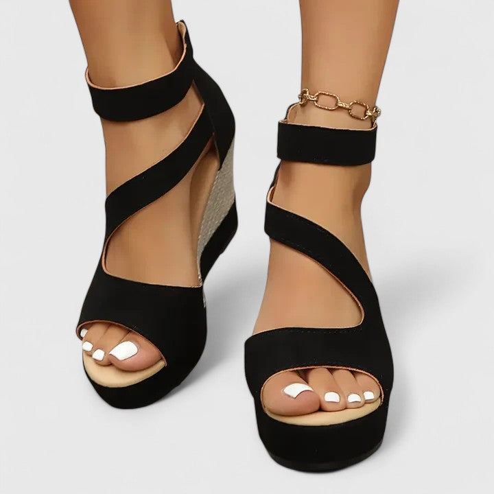 Calantha | Black Strappy Orthopedic Wedge Sandals