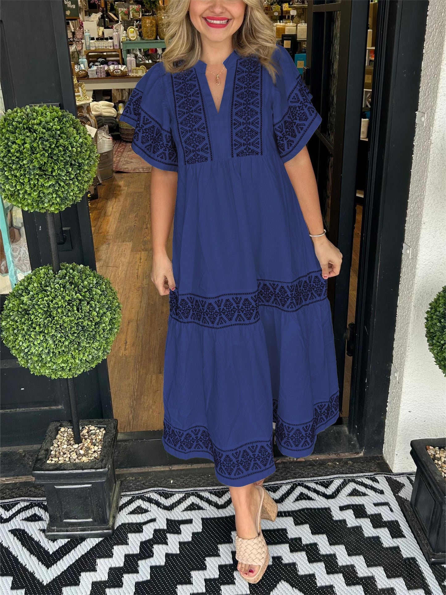 Astrid | Women’s Summer Boho V Neck Midi Dress in Black Embroidered