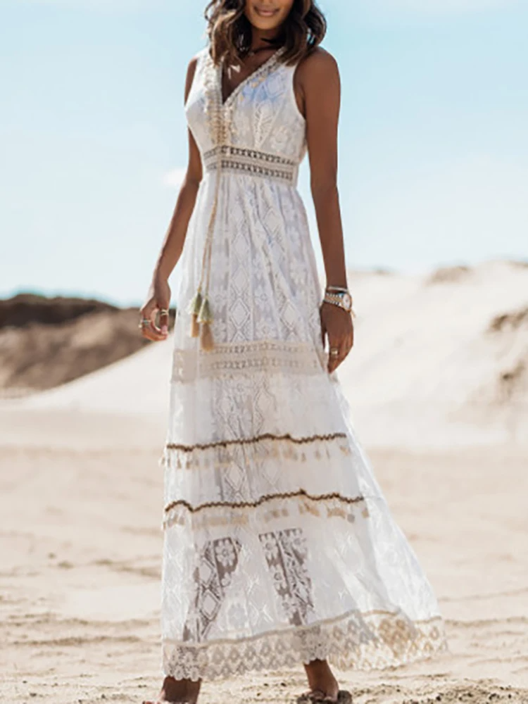 Astrid | Women's Boho Chic Lace Sleeveless V Neck Split Maxi Dress
