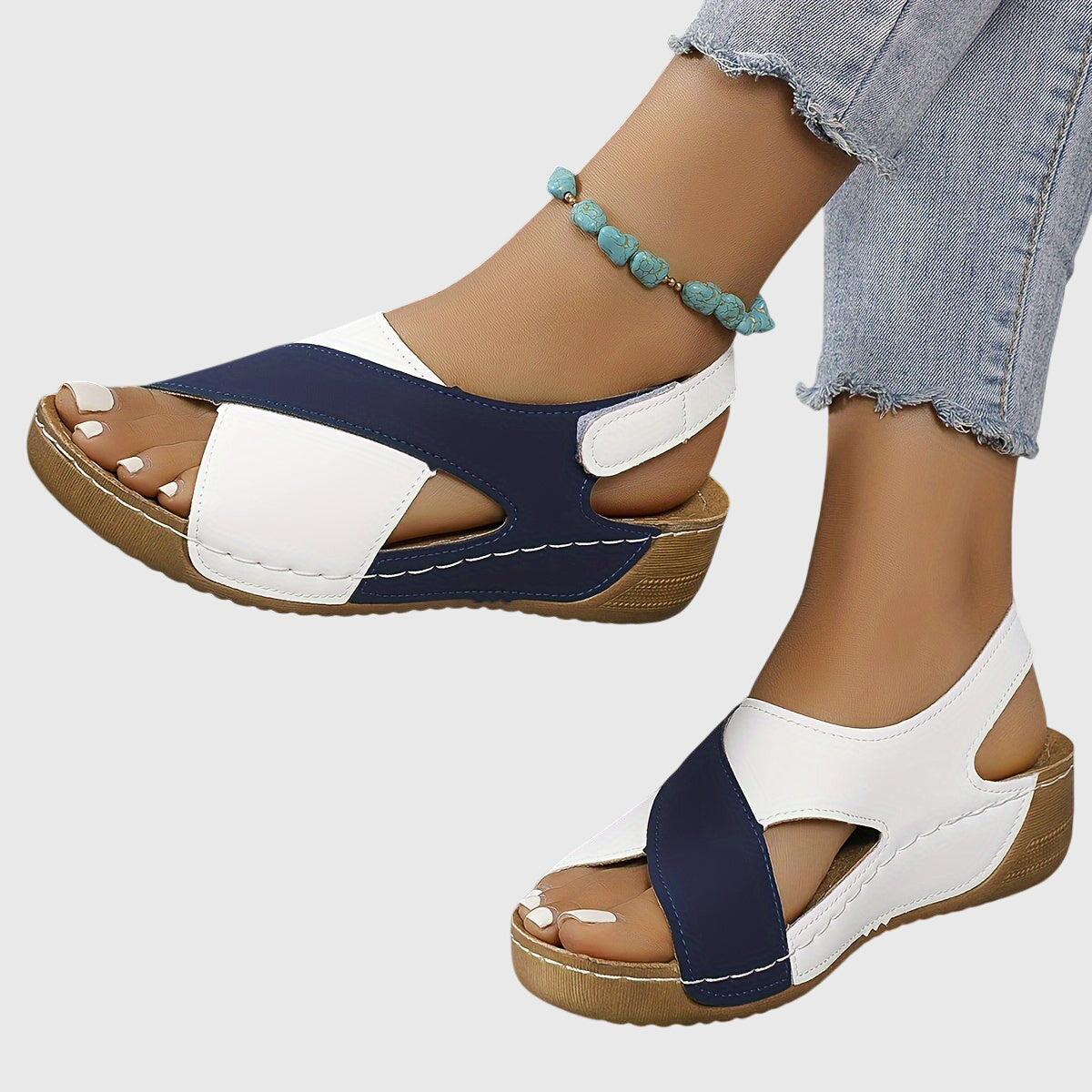 Calista | Women's Navy Blue & White Distressed Leather Cross Strap Orthotic Sandals