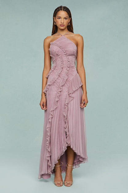 Astrid | Lavender Pleated Ruffle Halter Midi Dress