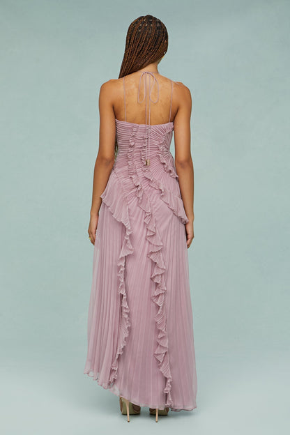 Astrid | Lavender Pleated Ruffle Halter Midi Dress