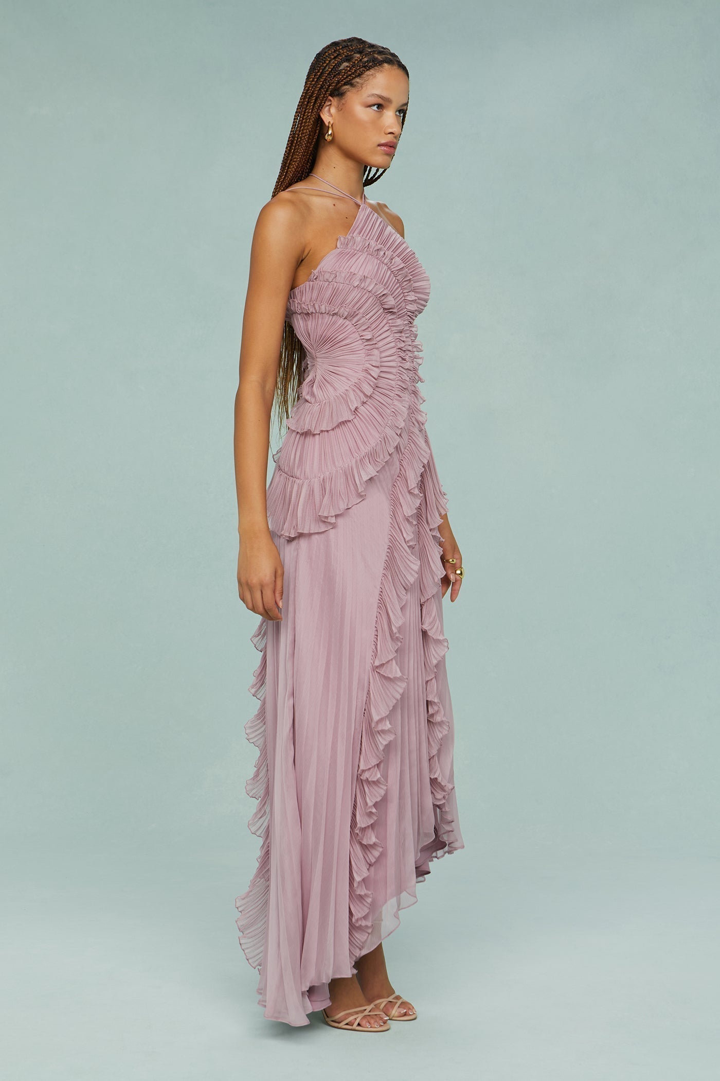 Astrid | Lavender Pleated Ruffle Halter Midi Dress