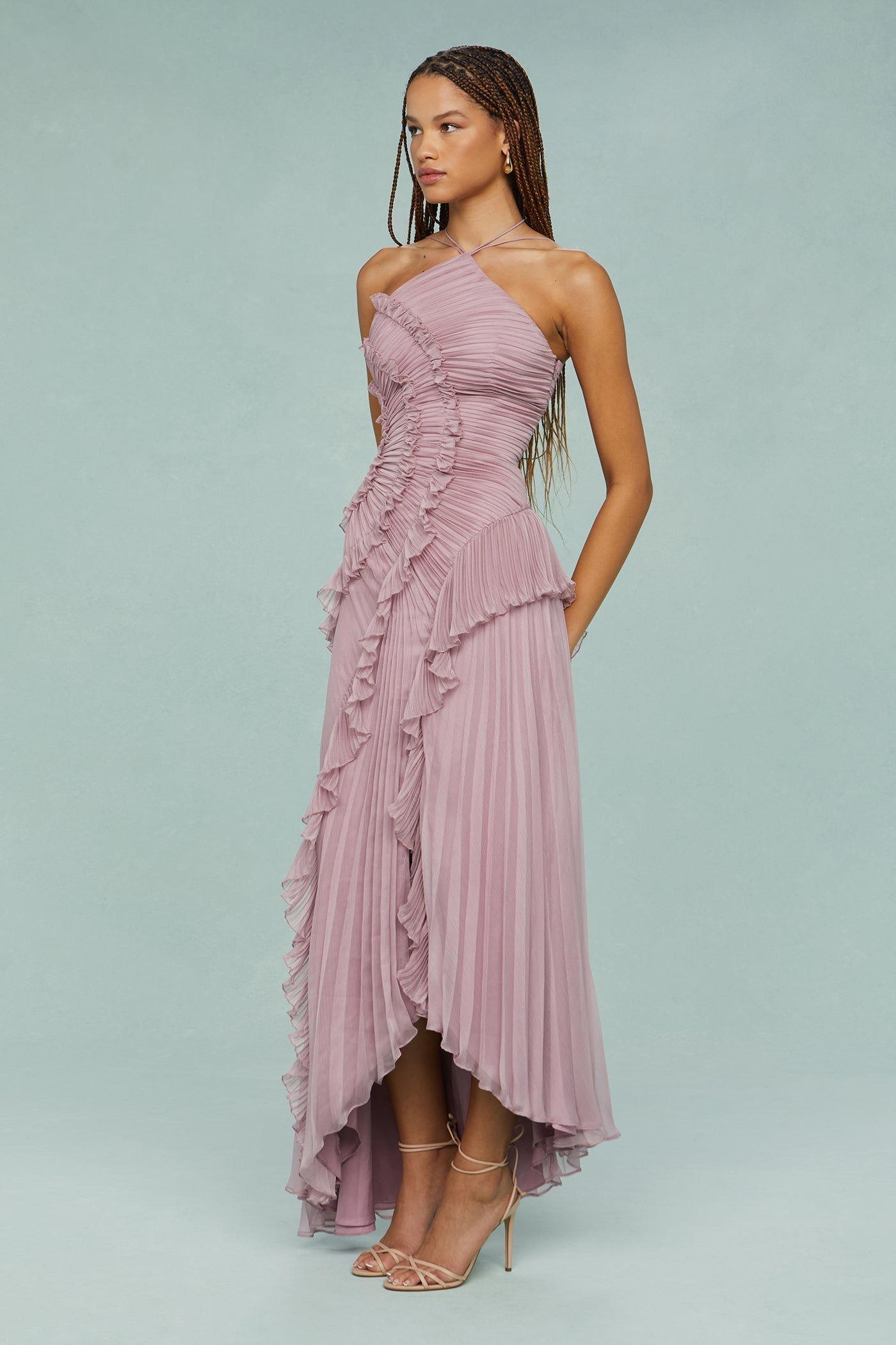 Astrid | Lavender Pleated Ruffle Halter Midi Dress