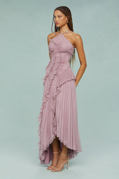 Astrid | Lavender Pleated Ruffle Halter Midi Dress