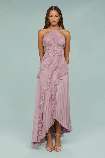 Astrid | Lavender Pleated Ruffle Halter Midi Dress