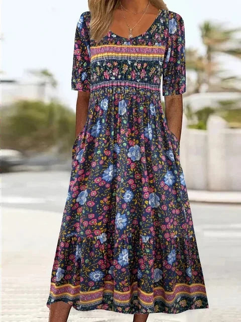 Calista | Boho Chic Printed Midi Dress with Short Sleeves in Floral Pattern