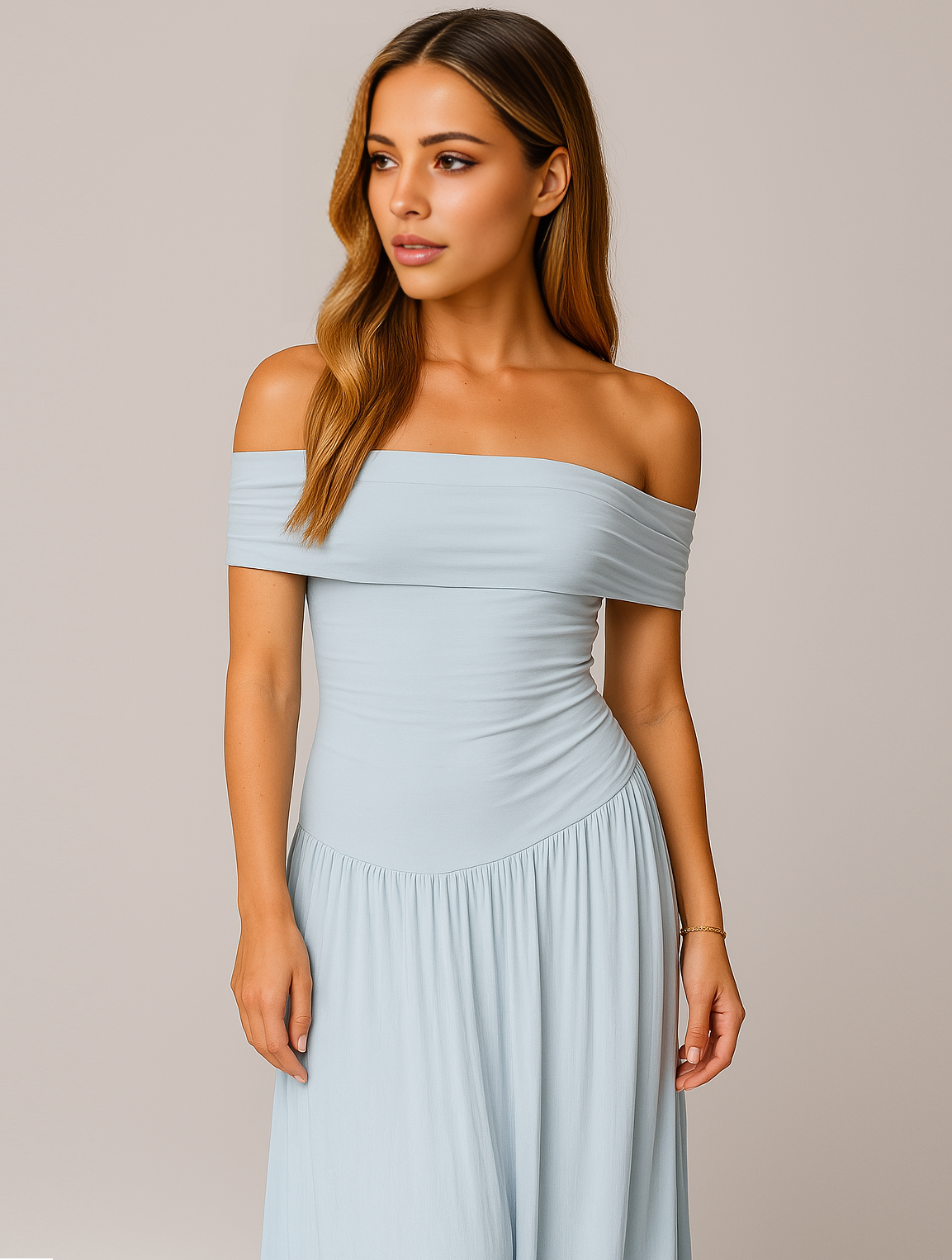Astrid | Women's Wedding Guest Off-The-Shoulder Pleated Maxi Dress in Cream
