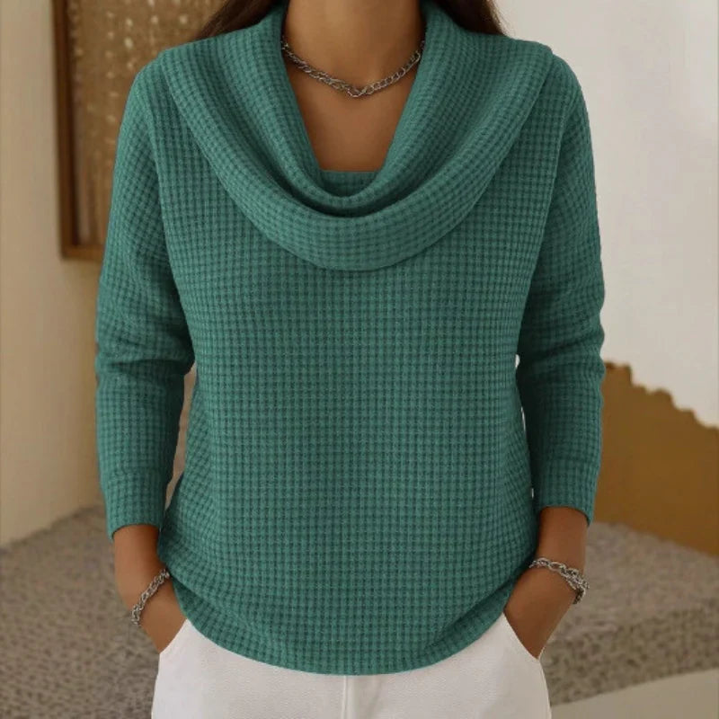 Astrid | Astrid - Warm Blue Waffle Knit Sweater With Elegant Cowl Neck