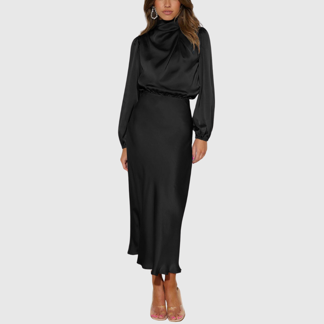 Calantha | Elegant Black Luxury Satin Maxi Dress