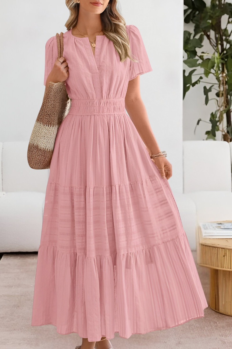 Women's Boho Short Sleeve Smocked Midi Dress in Sunny Yellow