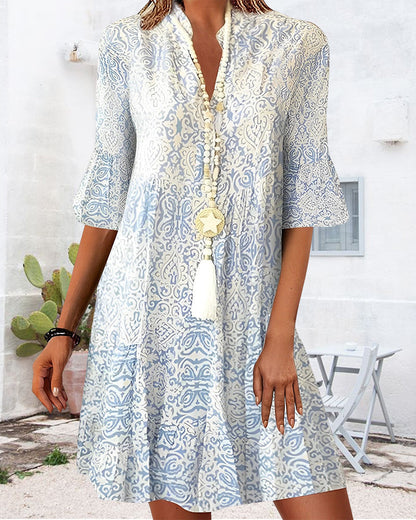 Calista | Women's Boho Light Blue Patterned V Neck Flare Sleeve Mini Dress
