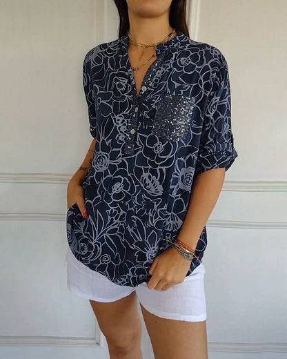 Calantha | Elegant Floral Blue Sophisticated Blouse