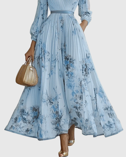 Calista | Elegant Pleated Maxi Dress in Floral White