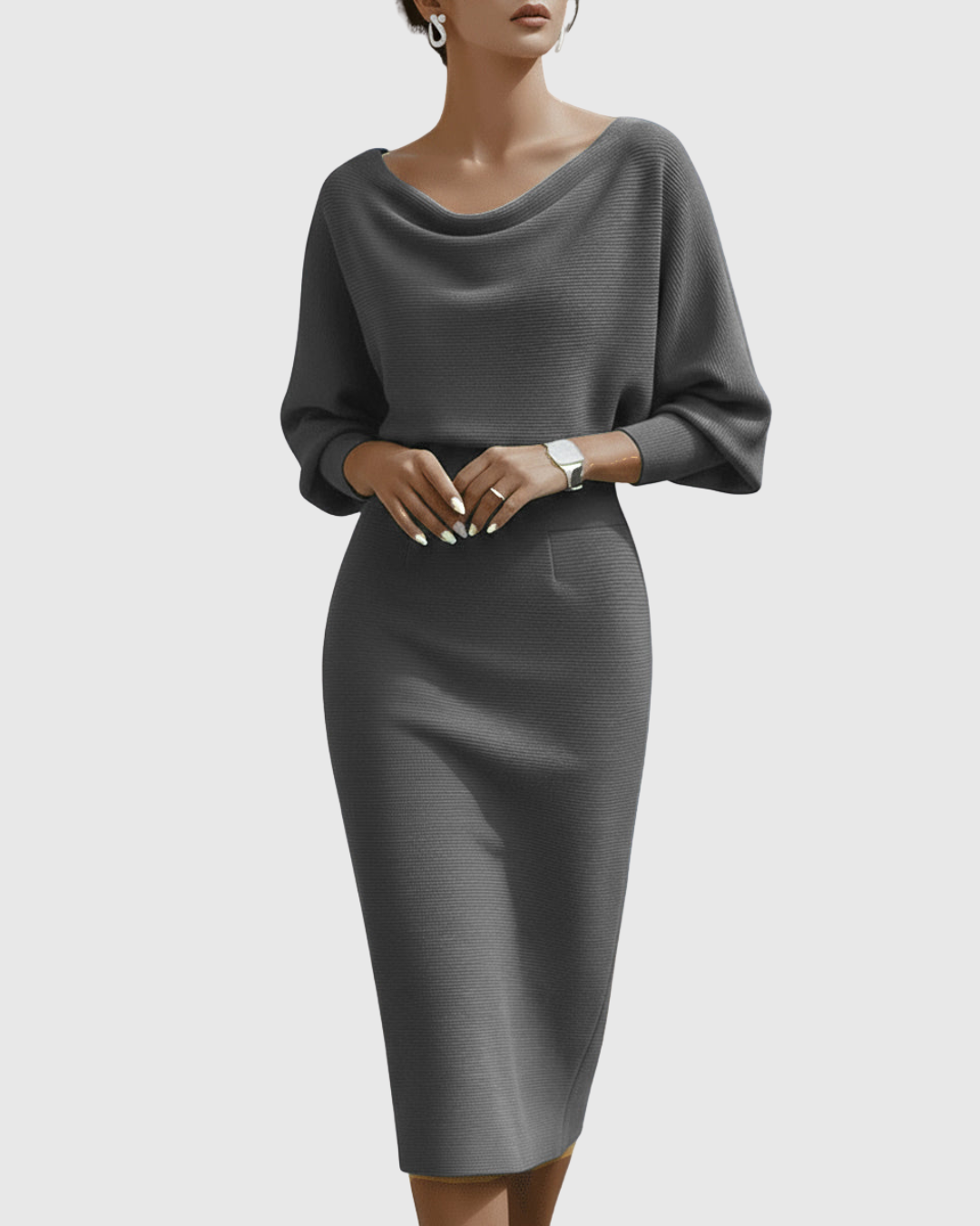 Calantha | Navy Blue Draped Batwing Midi Dress