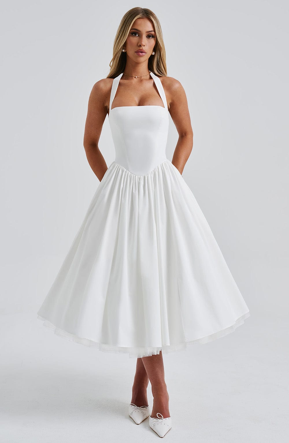 Astrid | Elegant White Women’s Wedding Guest Halter Midi Dress