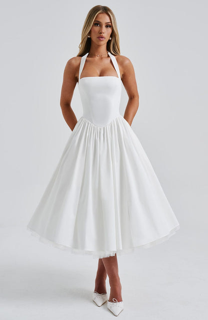 Astrid | Elegant White Women’s Wedding Guest Halter Midi Dress
