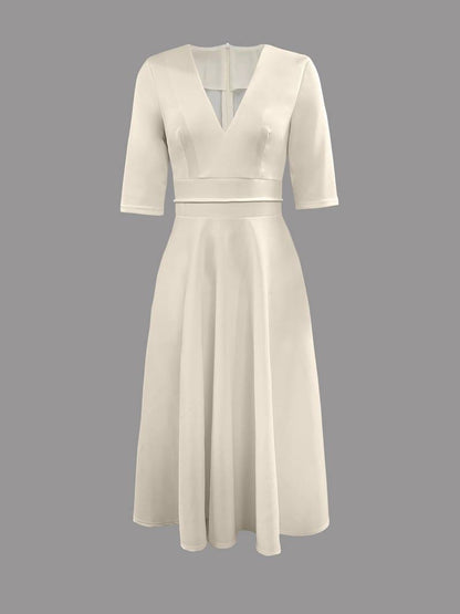 Women’s Wedding Guest Elegant Flared Midi Dress in Ivory Satin
