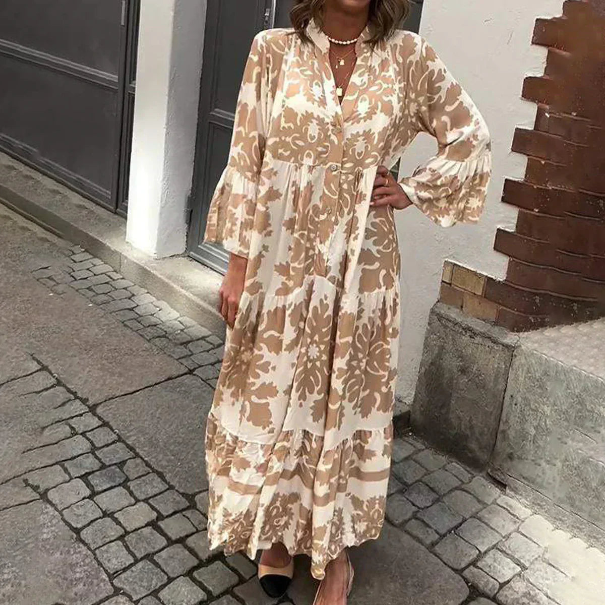 Astrid | Women's Boho Printed Long Sleeve Midi Dress in Beige Floral