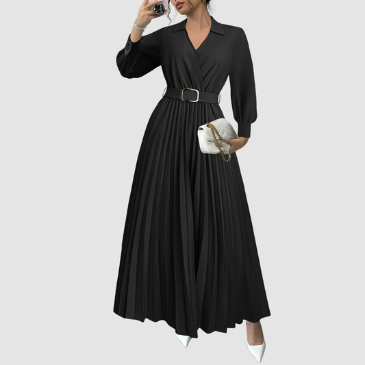 Aurelia | Elegant Black Pleated Everyday Elegance Dress