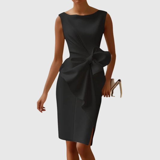 Calista | Elegant Black Sleeveless Midi Dress with Bow Detail