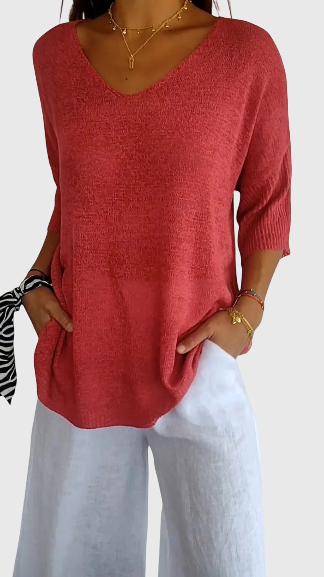 Alethea | Soft Coral Elegant V-Neck Top