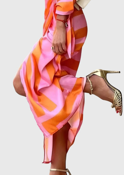 Alethea | Vibrant Orange Elegant Wrap Dress With Print