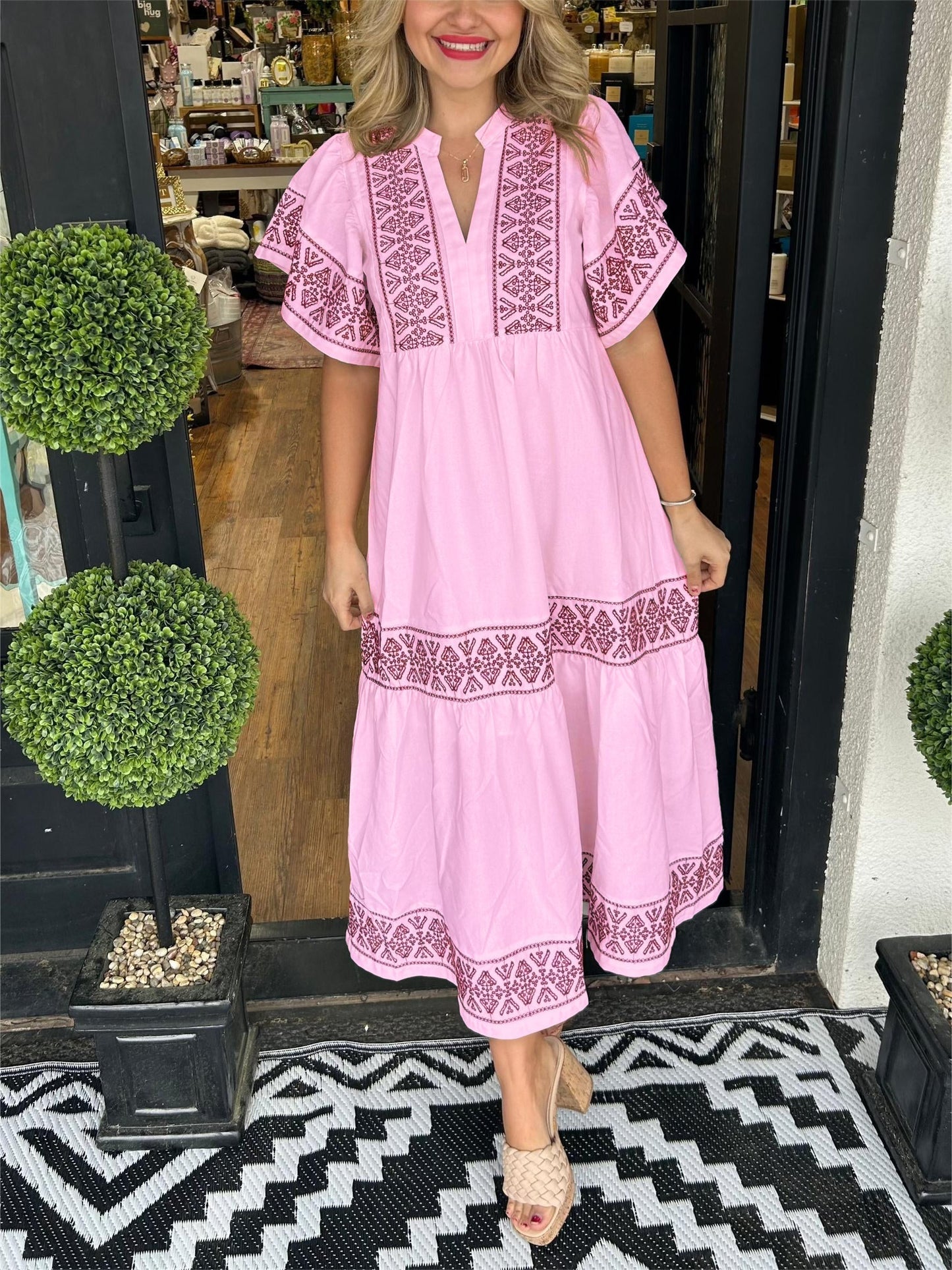 Astrid | Women’s Summer Boho V Neck Midi Dress in Black Embroidered