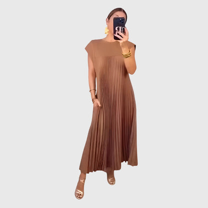 Calista | Elegant Beige Pleated Maxi Dress